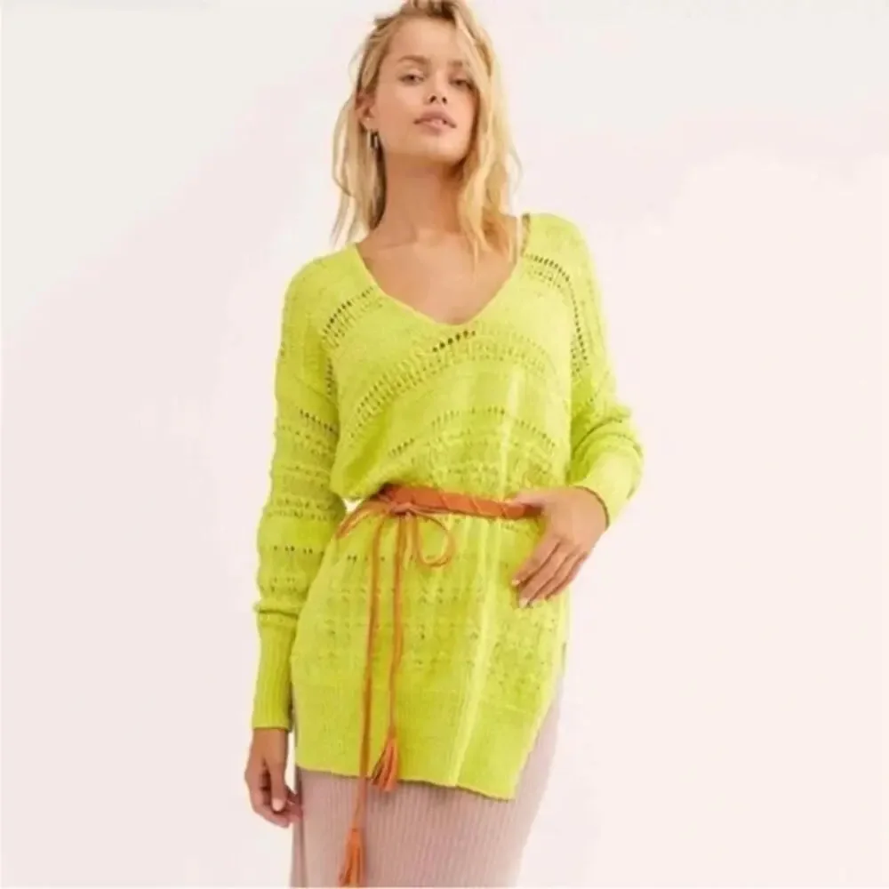 NWT Free People Hot Tropics Neon Limelight V-Neck Sweater Oversized xs